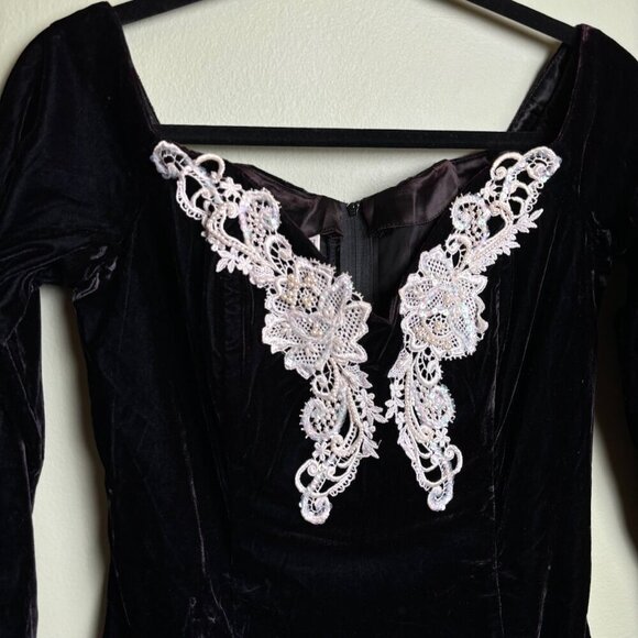 Vtge Jessica McClintock Gunne Sax Dress 11/12 Blk Velvet Lace Beaded 80's Witchy - Picture 2 of 16